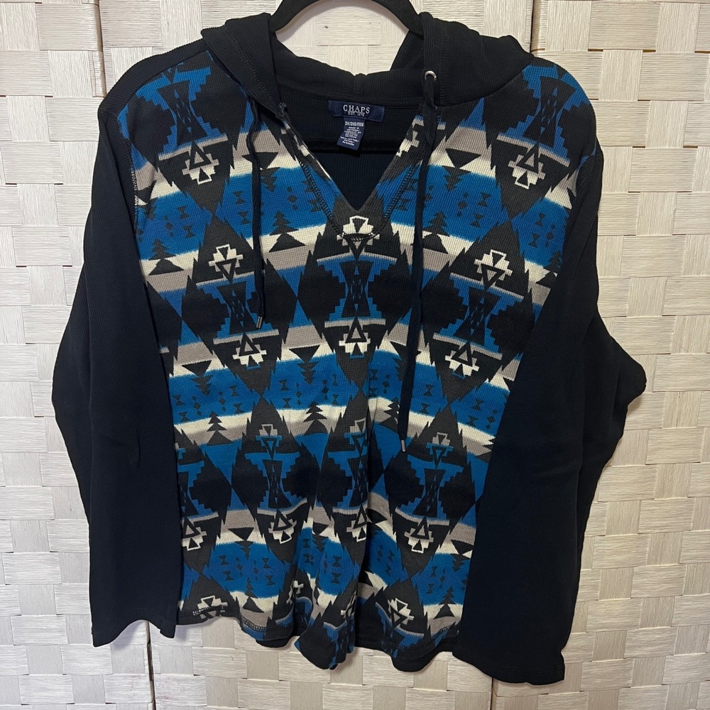 Vintage Chaps‎ Aztec Hoodie Pullover V-Neck Long Sleeve Comfort Casual 3XL